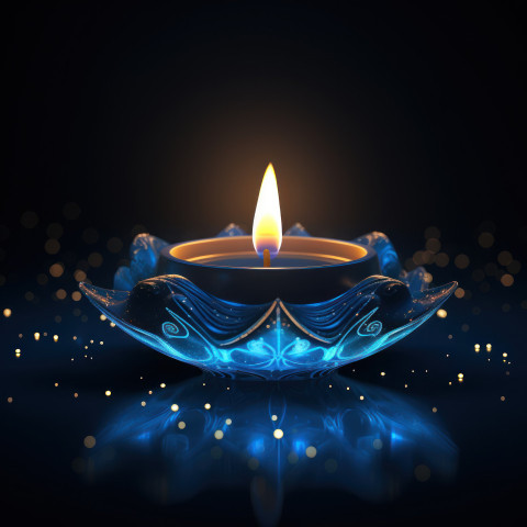 Blue diya candle glows softly against a dark backdrop Blue diya candle glows softly against a dark backdrop