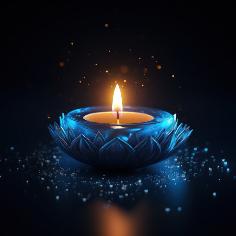 Blue diya candle glows softly against a dark backdrop Blue diya candle glows softly against a dark backdrop