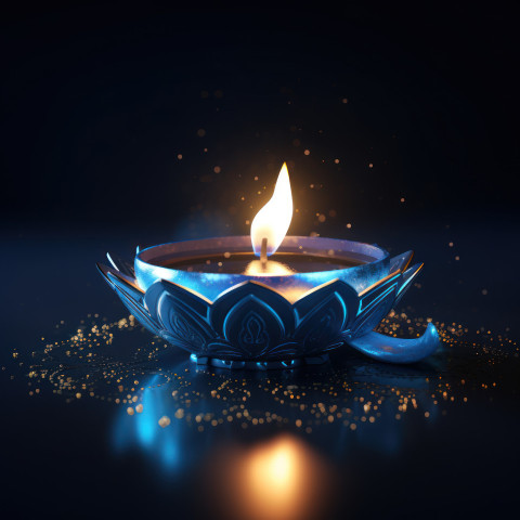 Blue diya candle glows softly against a dark backdrop Blue diya candle glows softly against a dark backdrop