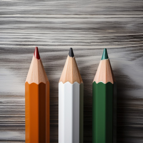 Three colorful pencils stand against a plain white wall creating a vibrant contrast Three colorful pencils stand against a plain white wall creating a vibrant contrast
