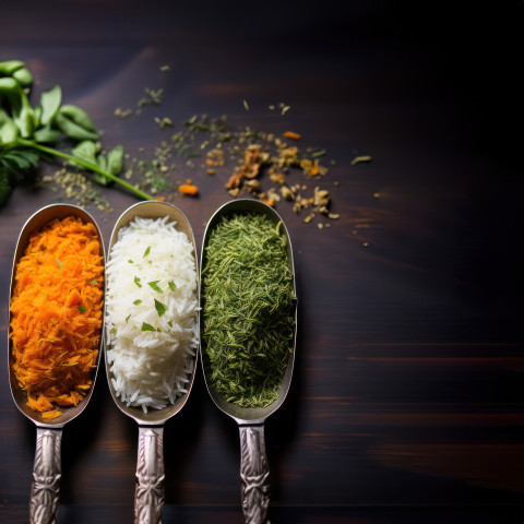 Spoon filled with diverse rice types orange white and green creating a colorful mix Spoon filled with diverse rice types orange white and green creating a colorful mix
