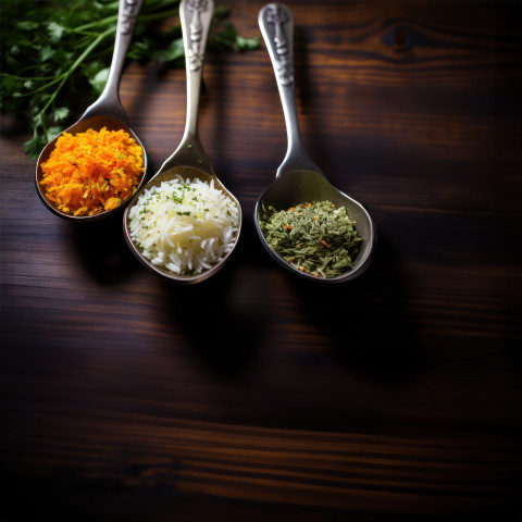 Spoon filled with orange white and green rice showcasing a colorful mix of rice varieties in a delightful arrangement Spoon filled with orange white and green rice showcasing a colorful mix of rice varieties in a delightful arrangement