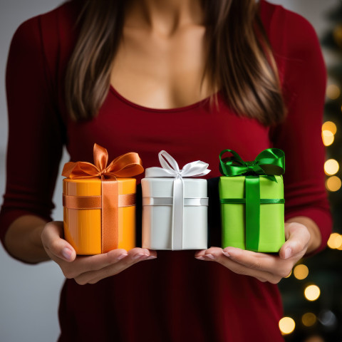 Three colorful gift boxes someone each representing joy orange white and green Three colorful gift boxes someone each representing joy orange white and green
