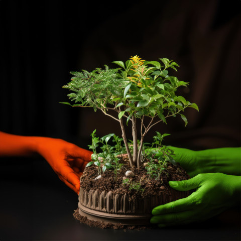 Showing unity with three hands displaying india flags while planting a plant emphasizing environmental consciousness Showing unity with three hands displaying india flags while planting a plant emphasizing environmental consciousness