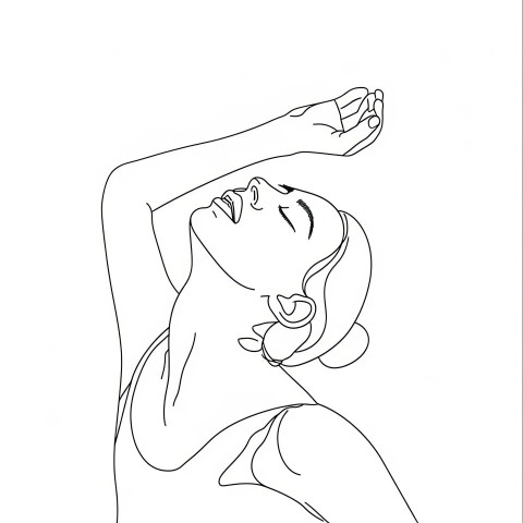 Minimalist illustration of a continuous black line art depicts a woman stretching her arms in a relaxing pose Minimalist illustration of a continuous black line art depicts a woman stretching her arms in a relaxing pose