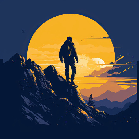 Confident man walks on majestic mountain in minimalist illustration Confident man walks on majestic mountain in minimalist illustration