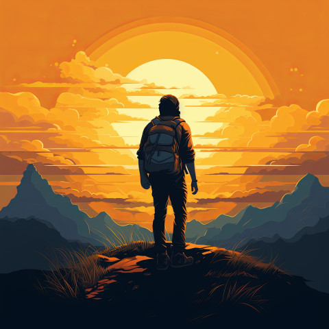 Bearded man stands on mountain with backpack in a minimalist illustration of adventure and exploration Bearded man stands on mountain with backpack in a minimalist illustration of adventure and exploration