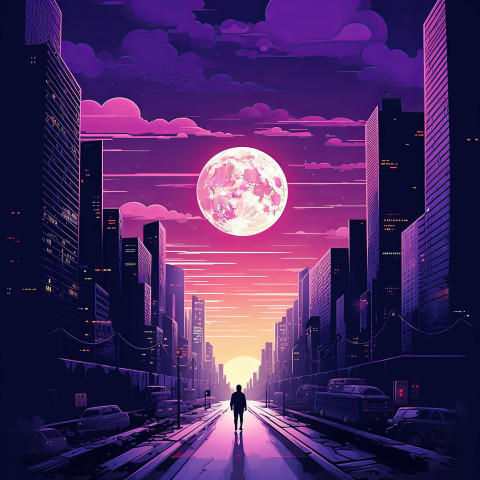 A minimalist illustration of a magical purple cityscape glowing under the moonlight with buildings reaching for the night sky A minimalist illustration of a magical purple cityscape glowing under the moonlight with buildings reaching for the night sky