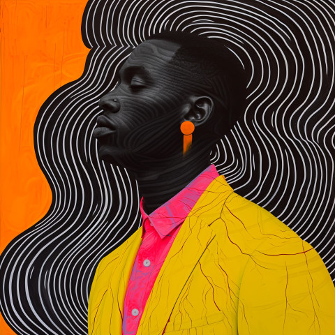 A man in a yellow business suit wearing a pink shirt and orange earrings surreal abstraction minimalism A man in a yellow business suit wearing a pink shirt and orange earrings surreal abstraction minimalism