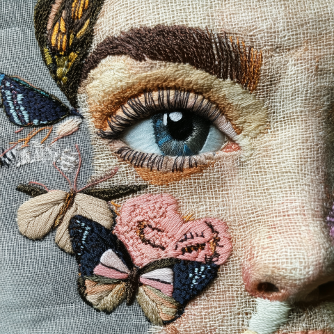 A woman face by handmade stichesin the style of made of lace A woman face by handmade stichesin the style of made of lace