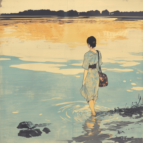 A young female walking into the lake in glorious light ukiyo-e art style A young female walking into the lake in glorious light ukiyo-e art style