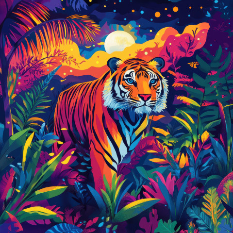 Tiger prowling through dense jungle under moonlight with bold outlines Tiger prowling through dense jungle under moonlight with bold outlines