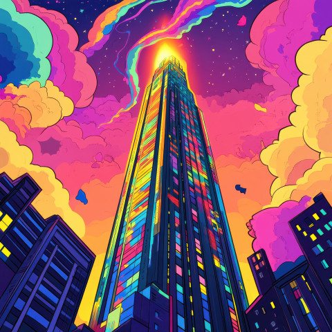 Towering skyscraper glowing at sunset with bold outlines Towering skyscraper glowing at sunset with bold outlines