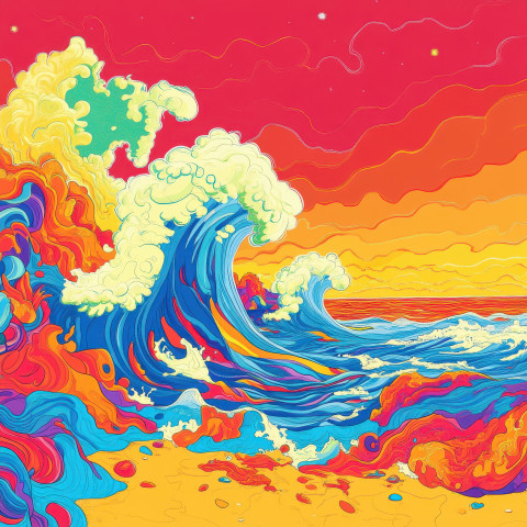 Waves crashing against a golden sandy shore at dawn with bold outlines Waves crashing against a golden sandy shore at dawn with bold outlines
