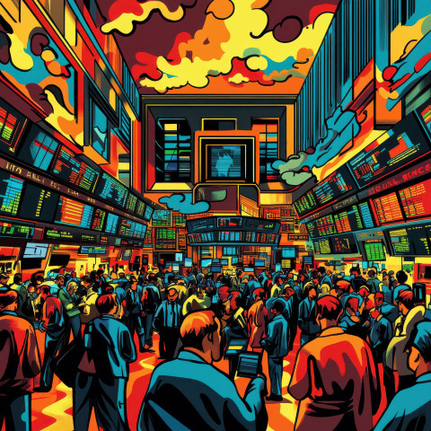 Bustling stock market floor filled with traders with bold outlines Bustling stock market floor filled with traders with bold outlines
