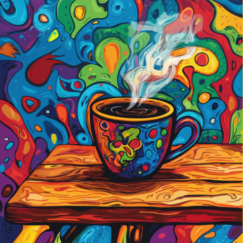 Steaming coffee cup on a rustic wooden table with bold outlines Steaming coffee cup on a rustic wooden table with bold outlines