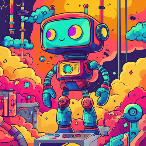Futuristic robot assisting in a lab experiment with bold outlines Futuristic robot assisting in a lab experiment with bold outlines