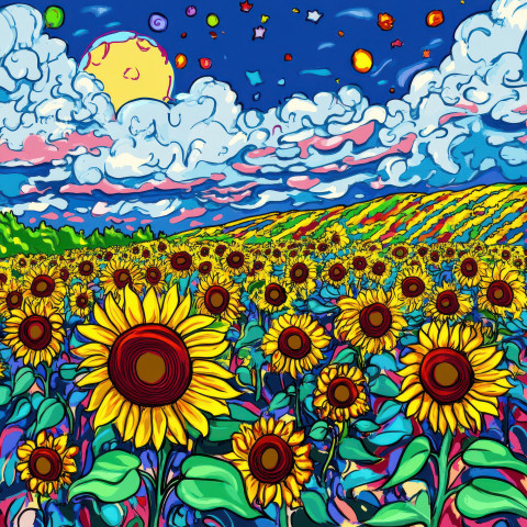 Vast field of sunflowers under a bright blue sky with bold outlines Vast field of sunflowers under a bright blue sky with bold outlines