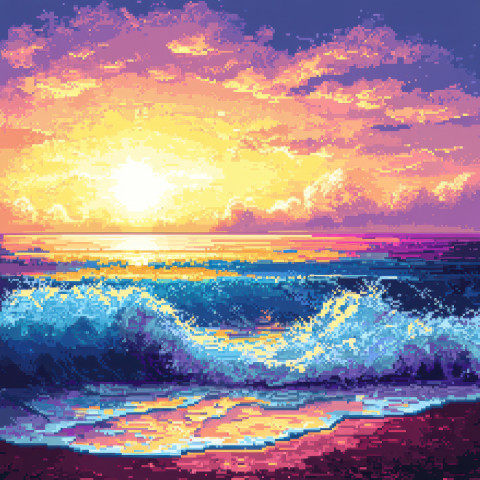 Waves gently lapping at the shore beneath a golden sky Waves gently lapping at the shore beneath a golden sky