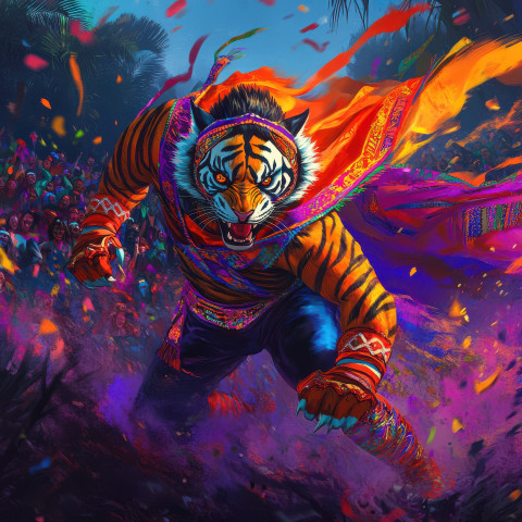Tiger prowling through dense jungle wearing a colorful lucha libre mask and cape Tiger prowling through dense jungle wearing a colorful lucha libre mask and cape