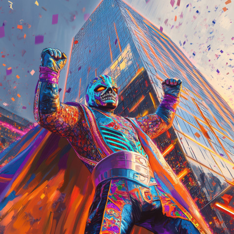 Towering glass skyscraper at sunset with a vivid lucha libre mask and cape Towering glass skyscraper at sunset with a vivid lucha libre mask and cape