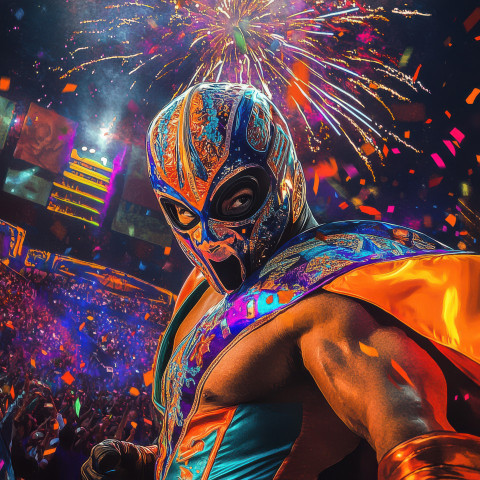 Fireworks lighting up night sky in dazzling colors with a vibrant lucha libre mask and cape Fireworks lighting up night sky in dazzling colors with a vibrant lucha libre mask and cape