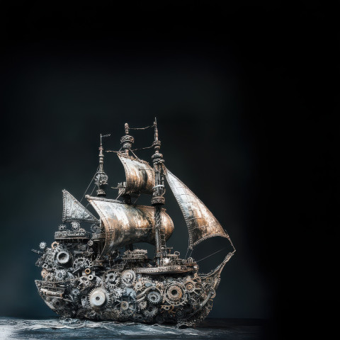 A ship on the sea crafted from clock gears A ship on the sea crafted from clock gears