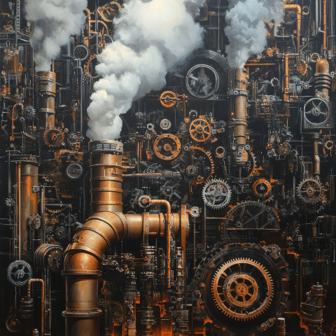 A vast factory with smokestacks made from pistons and clock gears A vast factory with smokestacks made from pistons and clock gears