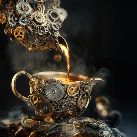 A teapot pouring molten gold into a gear cup A teapot pouring molten gold into a gear cup