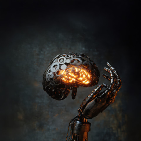 A robotic hand crafting a glowing metal brain A robotic hand crafting a glowing metal brain
