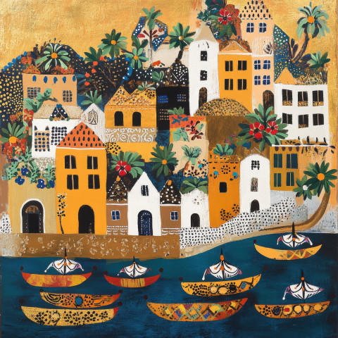 A seaside village with colorful painted boats A seaside village with colorful painted boats