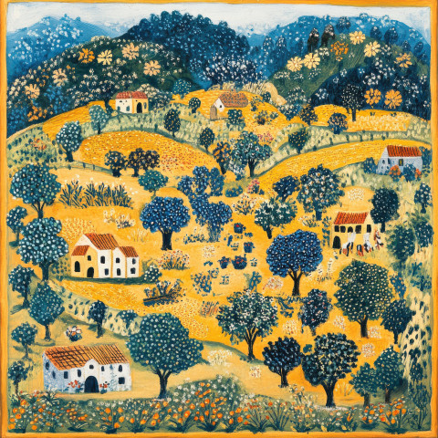 A rolling countryside with vibrant folk motifs on rolling hills A rolling countryside with vibrant folk motifs on rolling hills