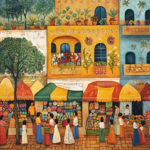 A marketplace with bright folk murals decorating the walls