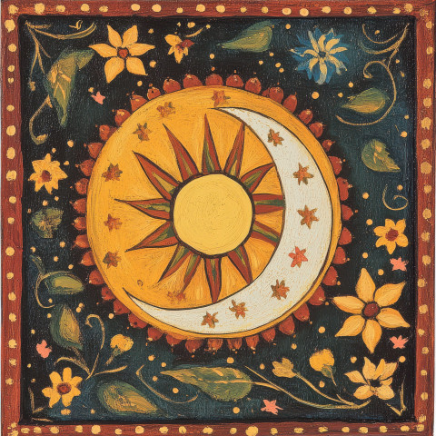 A folk style cosmic sun and moon with bright folk art patterns and symbolic folk paint