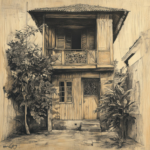 Bright wooden house decorated with folk motifs Bright wooden house decorated with folk motifs