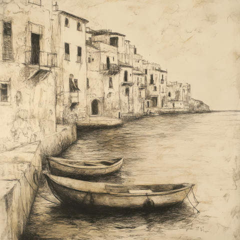 Seaside village with hand painted boats in the fayum portrait style Seaside village with hand painted boats in the fayum portrait style