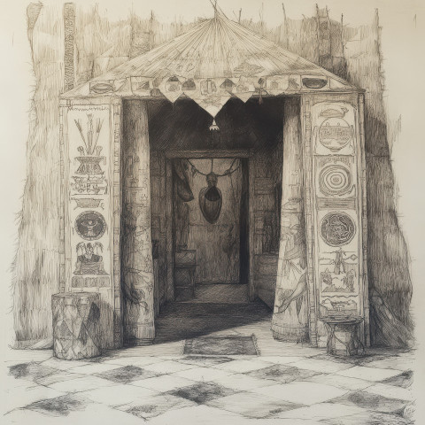 A healer’s hut decorated with symbolic folk art designs A healer’s hut decorated with symbolic folk art designs