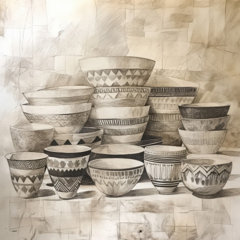 A table with folk painted ceramic dishes in the fayum portrait style A table with folk painted ceramic dishes in the fayum portrait style