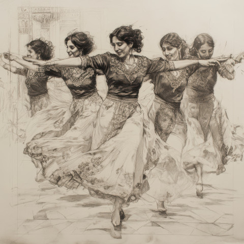 Lively folk dance with embroidered costumes in the fayum portrait style Lively folk dance with embroidered costumes in the fayum portrait style