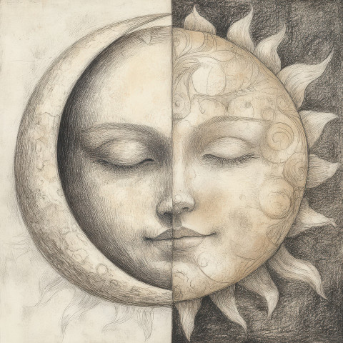 Folk sun and moon with celestial designs Folk sun and moon with celestial designs