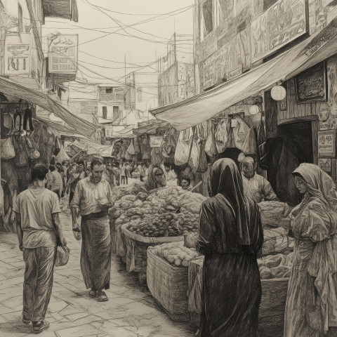 Bustling market with folk art signs Bustling market with folk art signs