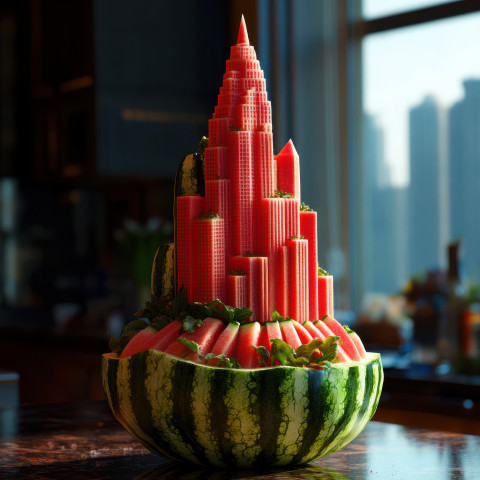 A futuristic skyscraper is carved from a watermelon featuring sleek lines and modern design A futuristic skyscraper is carved from a watermelon featuring sleek lines and modern design