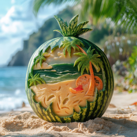 A beach is carved from a watermelon with sand and waves carefully sculpted A beach is carved from a watermelon with sand and waves carefully sculpted