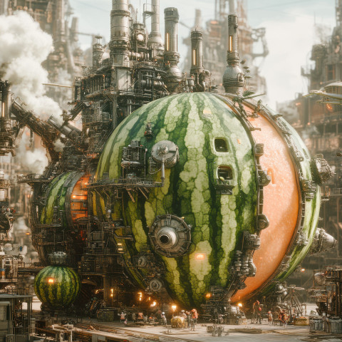 A colossal mech factory with steam vents carved from a watermelon blending industrial power with organic art A colossal mech factory with steam vents carved from a watermelon blending industrial power with organic art