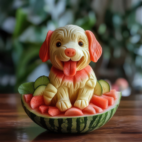 The dog is carved from a watermelon capturing the playful nature of this beloved animal The dog is carved from a watermelon capturing the playful nature of this beloved animal