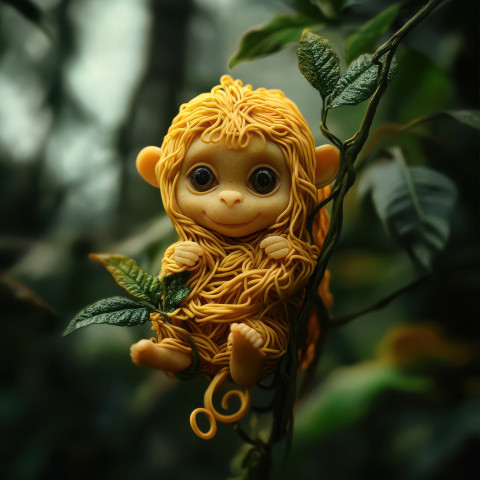 The jungle is carved from noodles depicting lush greenery and vibrant wildlife The jungle is carved from noodles depicting lush greenery and vibrant wildlife