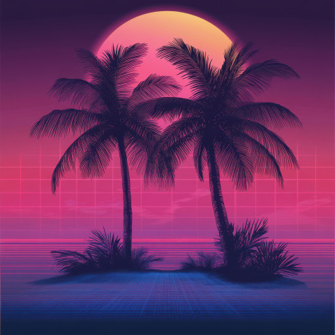 Palm trees silhouetted against a pink sunset with soft glowing outlines Palm trees silhouetted against a pink sunset with soft glowing outlines