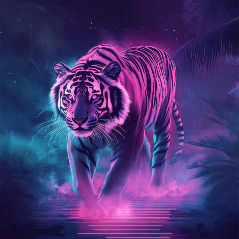 A neon tiger walking through a glowing cyber jungle A neon tiger walking through a glowing cyber jungle
