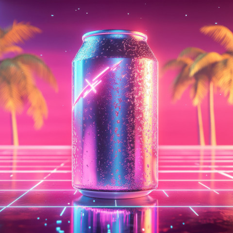 A retro soda can with glowing condensation dripping down A retro soda can with glowing condensation dripping down