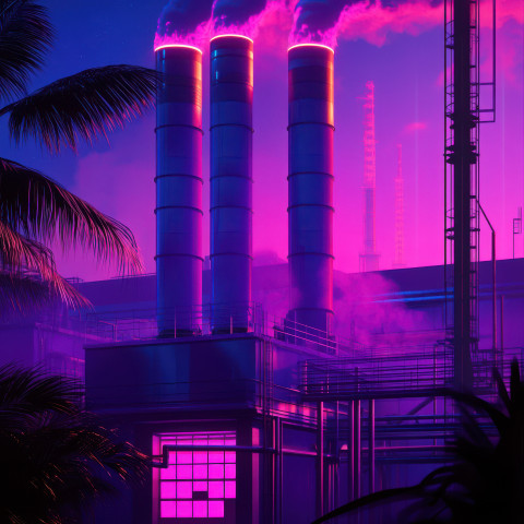 A factory with smokestacks glowing in purple hues surrounded by futuristic neon lights and a mysterious atmosphere A factory with smokestacks glowing in purple hues surrounded by futuristic neon lights and a mysterious atmosphere